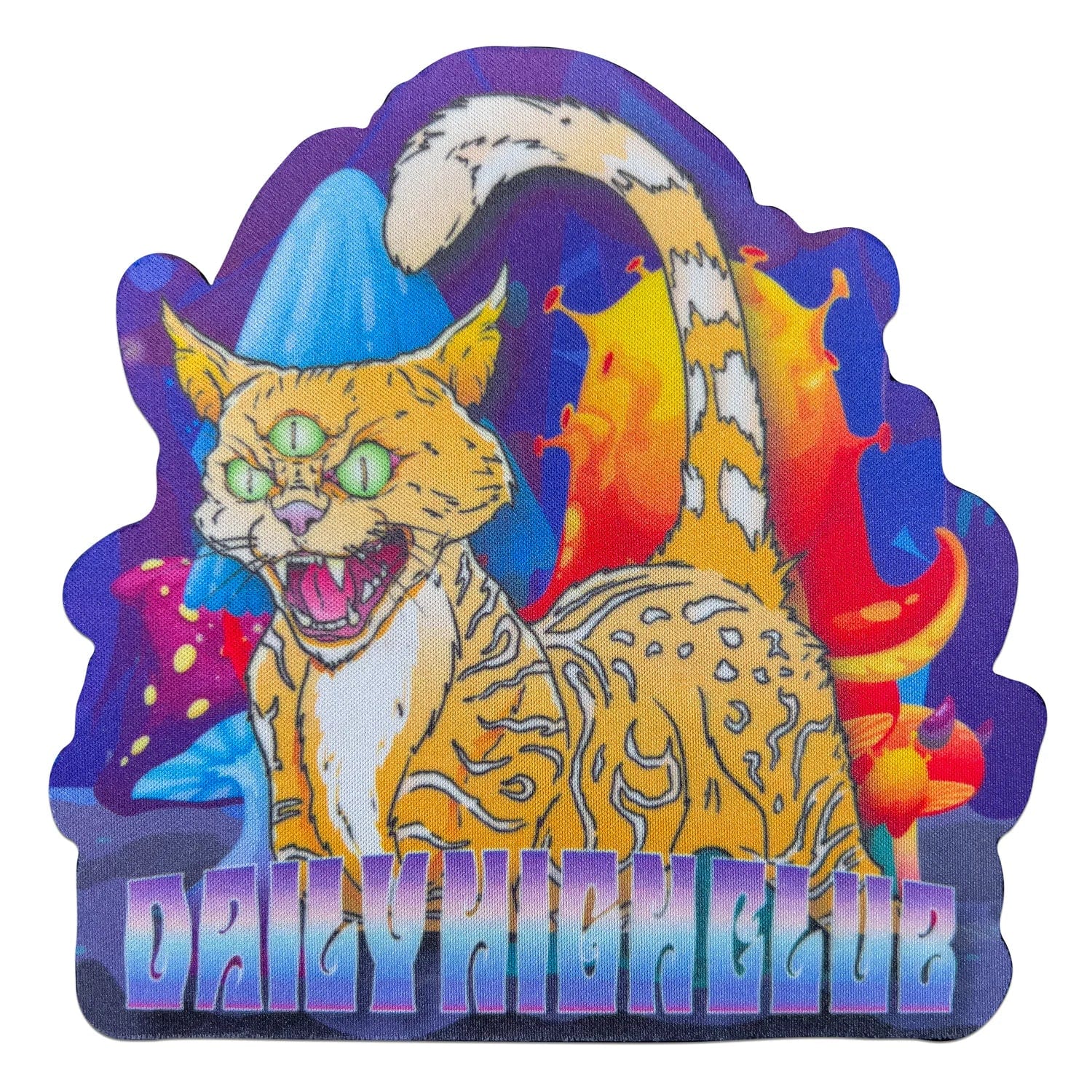 Front view of the “Psychedelics Multiverse” Smoking Box, featuring a vibrant, psychedelic cat illustration on a dark background.