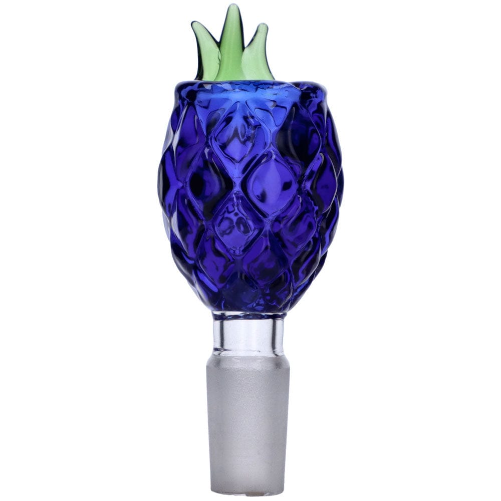 Front view of the Pineapple 14mm Male Herb Bowl, a blue glass piece with a textured, pineapple-like design.