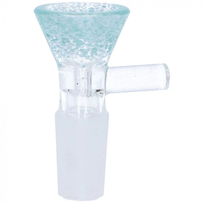 A close-up of the Speckled 14mm Male Bowl, showcasing its clear glass and speckled design from a slightly angled view.