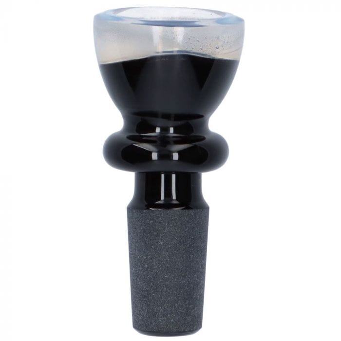 A straight-on view of the 14mm Black Bowl With Colored Accents, showing its dark glass and subtle colored rim detail.