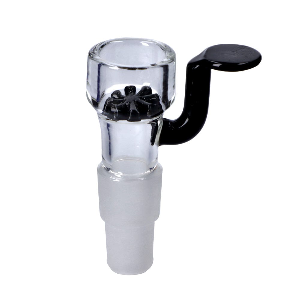 A close-up, angled view of the Glass Bowl w/Built-in Screen and 2-in-1 Male Joint, showcasing its clear glass construction and integrated screen.