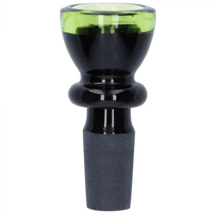 A close-up shows the 14mm Black Bowl With Colored Accents, featuring a dark glass construction with subtle colored highlights.