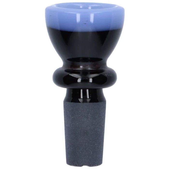 A close-up, angled view of the 14mm Black Bowl With Colored Accents, featuring a dark glass bowl with subtle color highlights.
