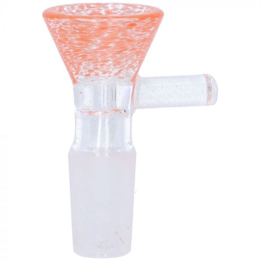 Front view of the Speckled 14mm Male Bowl, a small glass piece with a speckled pattern and a visible joint.