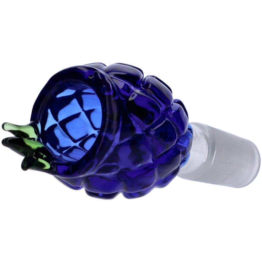 A close-up, angled view of the Pineapple 14mm Male Herb Bowl, showcasing its colorful, sculpted glass design.
