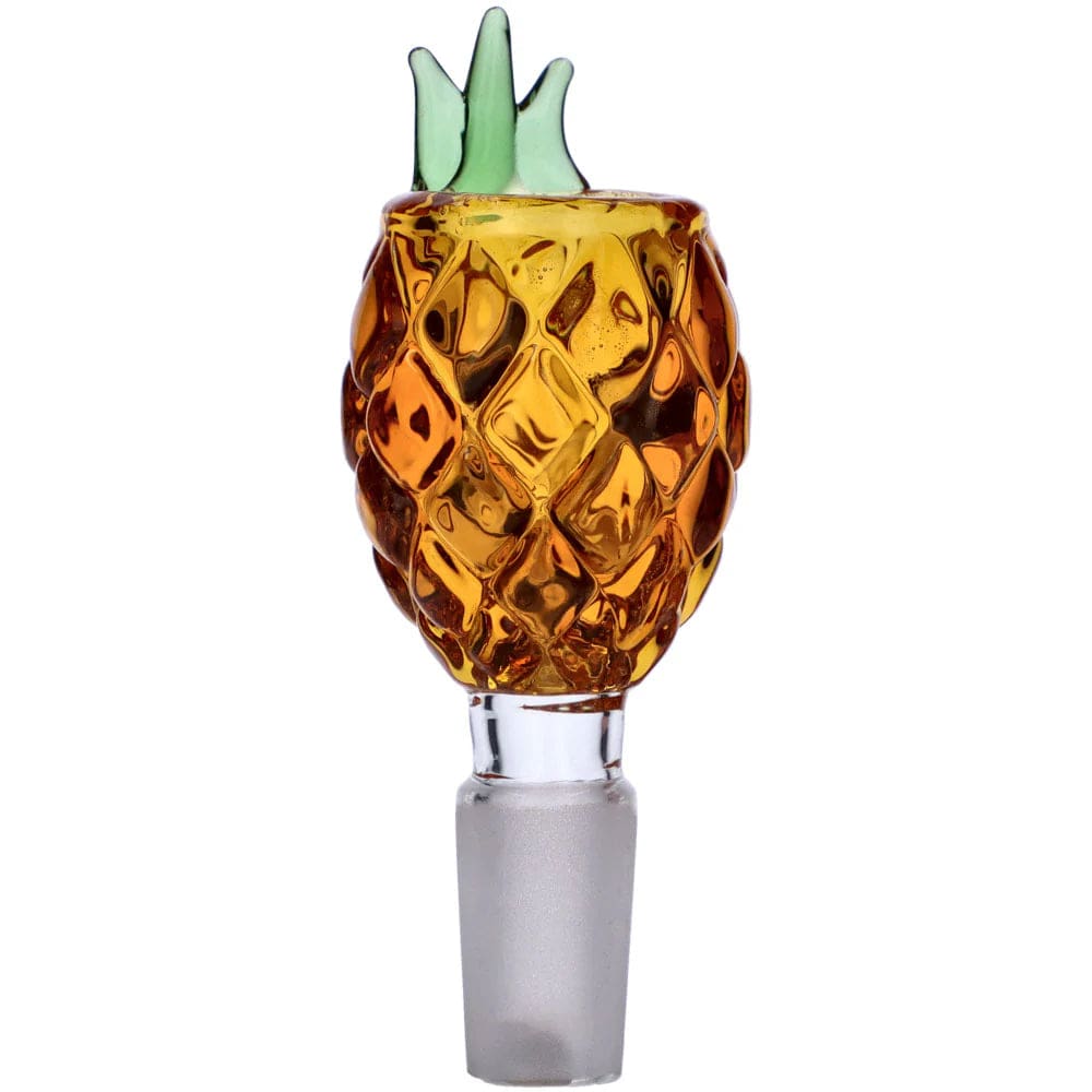 A close-up of the Pineapple 14mm Male Herb Bowl, showing its textured glass and cylindrical joint.