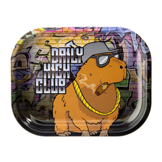 A top-down view of the Capybara Rolling Tray, featuring a cartoon capybara wearing sunglasses and a gold chain.