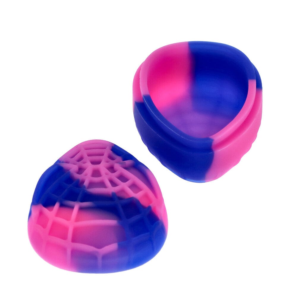 Top-down view of a pink and blue Silicone Teardrop Container showing the open teardrop-shaped base and its matching lid with a textured web pattern.