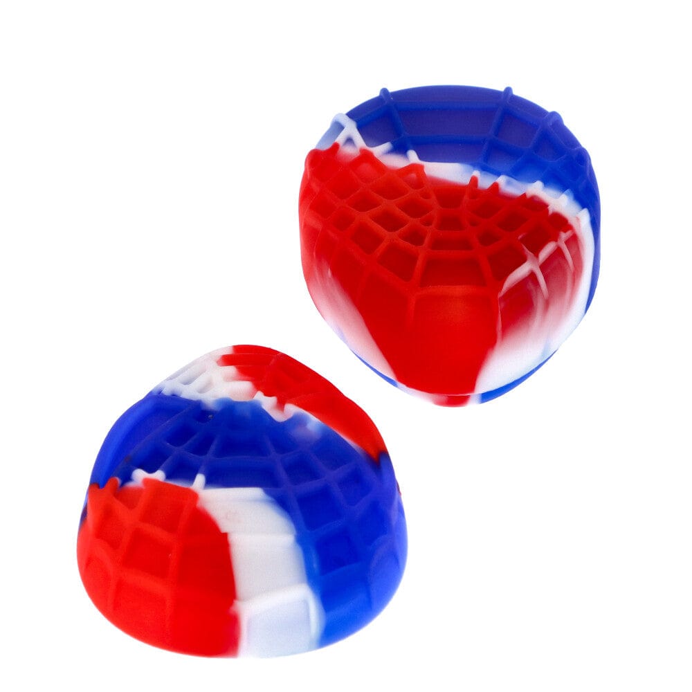 Front-angled view of two Silicone Teardrop Container pieces in a red, white, and blue marbled pattern against a white background.