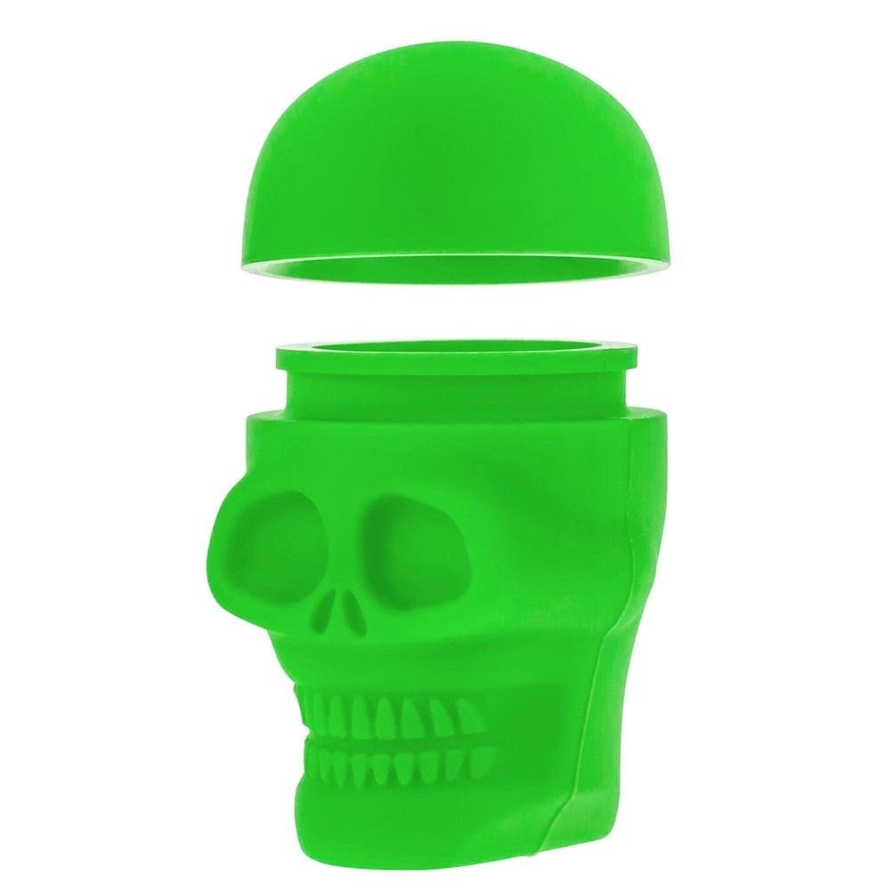 A slightly angled view of the Silicone Non-Stick Stash Container  Skull, showing its closed, dark gray lid and smooth, container shape.