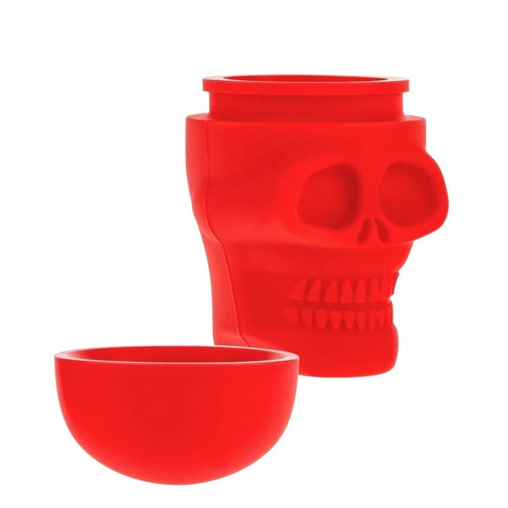 A top-down view of the open Silicone Non-Stick Stash Container Skull, revealing its red interior and smooth, rounded shape.