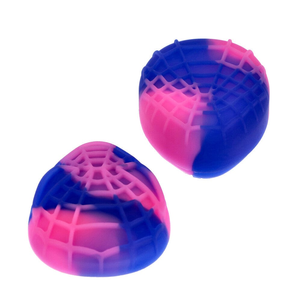 Top-down view of two pink and blue Silicone Teardrop Container pieces with a textured grid pattern against a white background