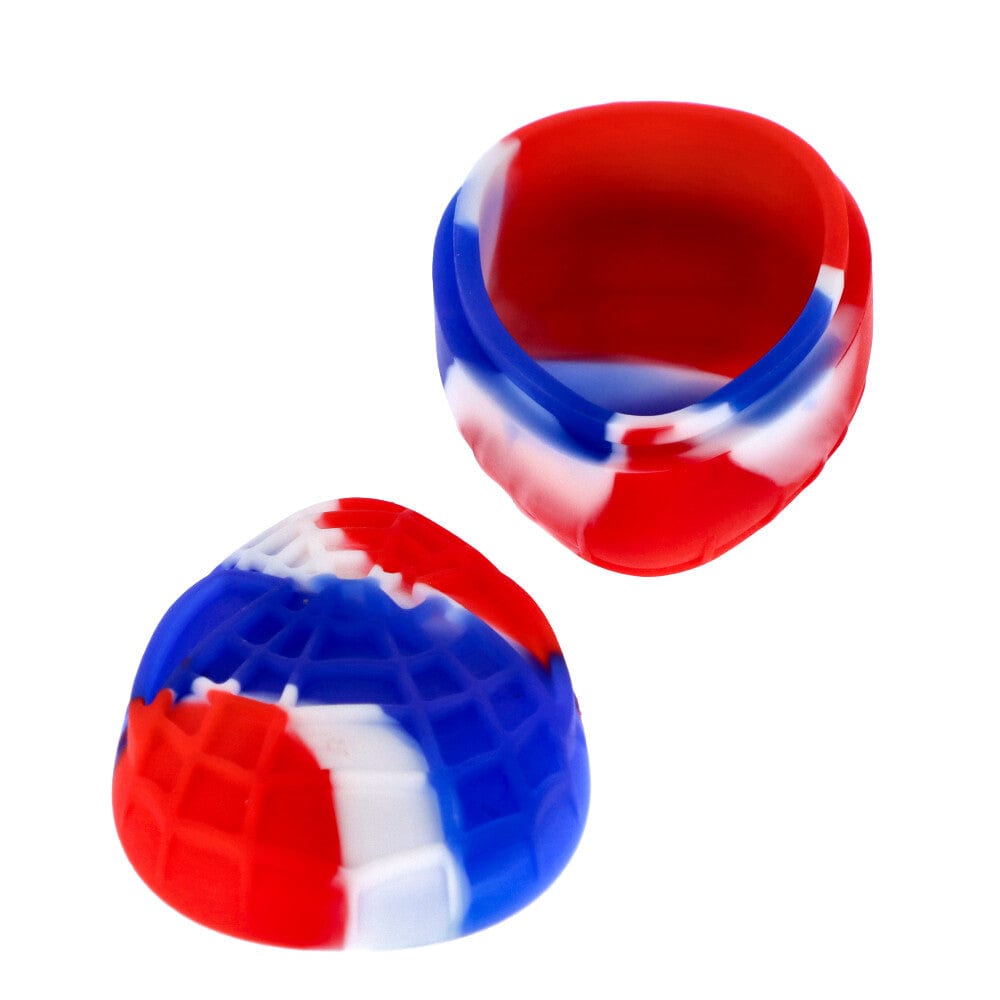 Red, white, and blue silicone caps for cannabis concentrate containers.
