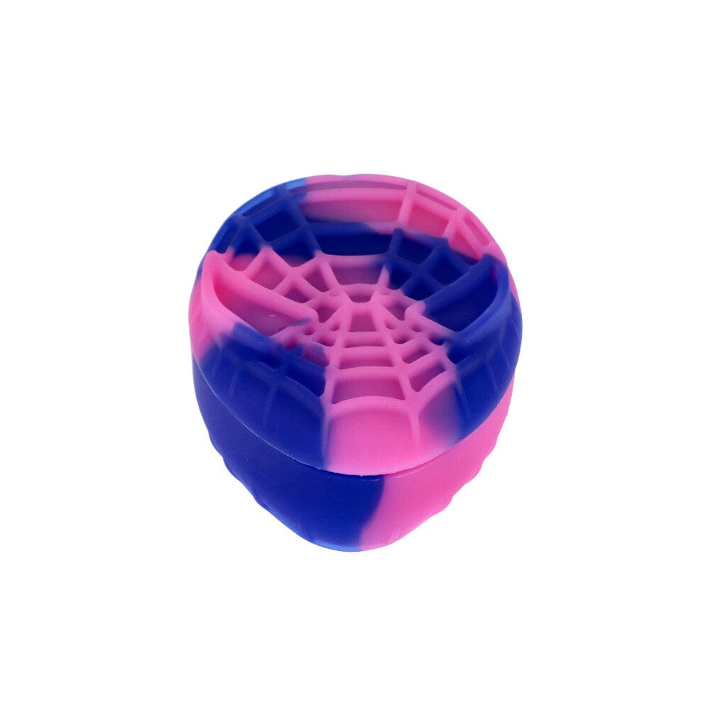 Top-down view of a pink and blue Silicone Teardrop Container showing a spiderweb-style textured lid against a white background.