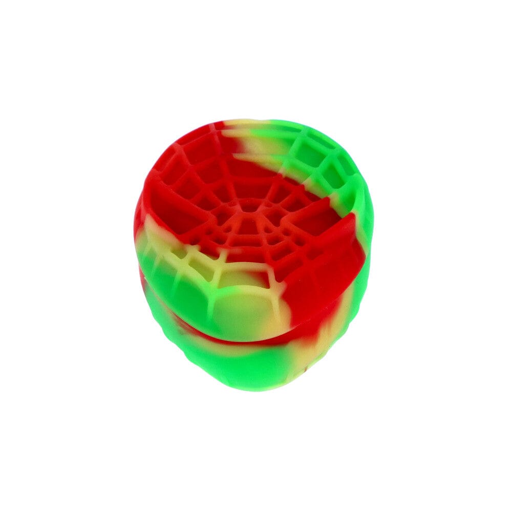 Top-down view of a multicolored Silicone Teardrop Container with red, green, and yellow swirls and a web-like textured lid.
