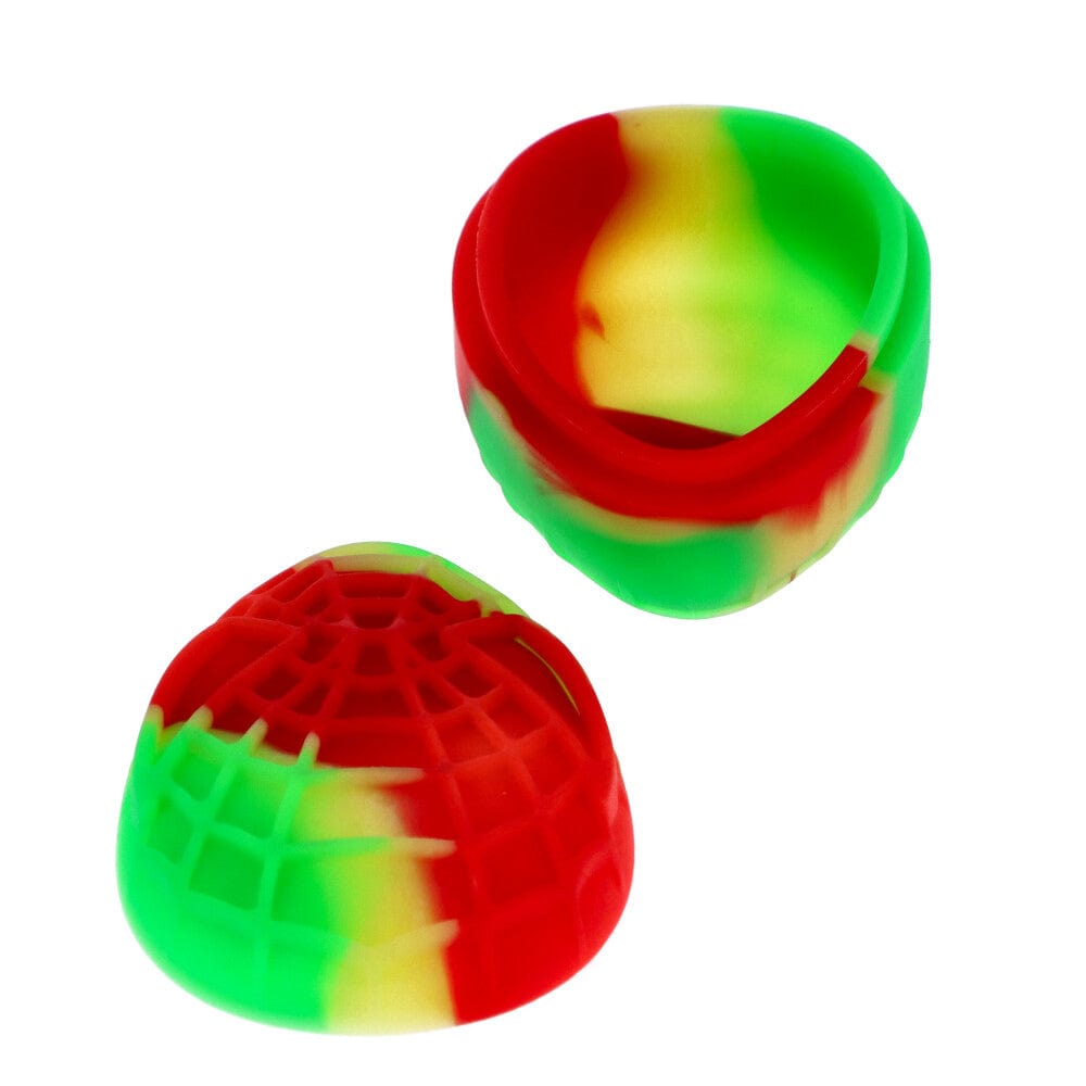 Top-down view of two colorful Silicone Teardrop Container pieces in red, green and yellow on a white background
