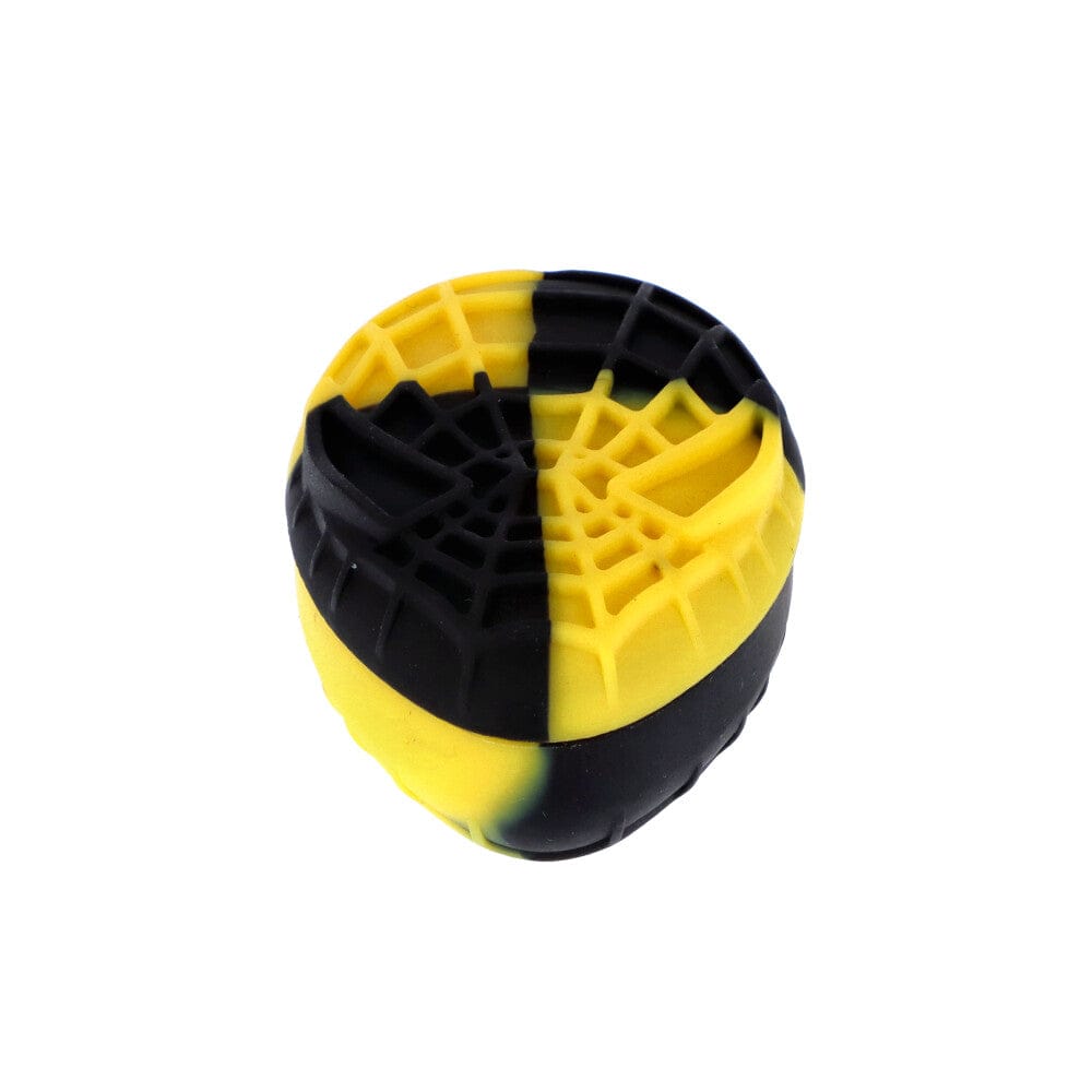Top-down view of the Silicone Teardrop Container showing a yellow-and-black teardrop shape with a textured, web-like lid.