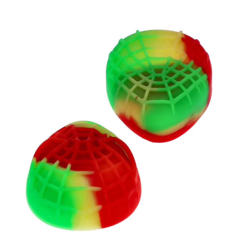 Top-down view of two multicolored Silicone Teardrop Container pieces showing a red, green, and yellow swirl with a spiderweb-like grid texture.