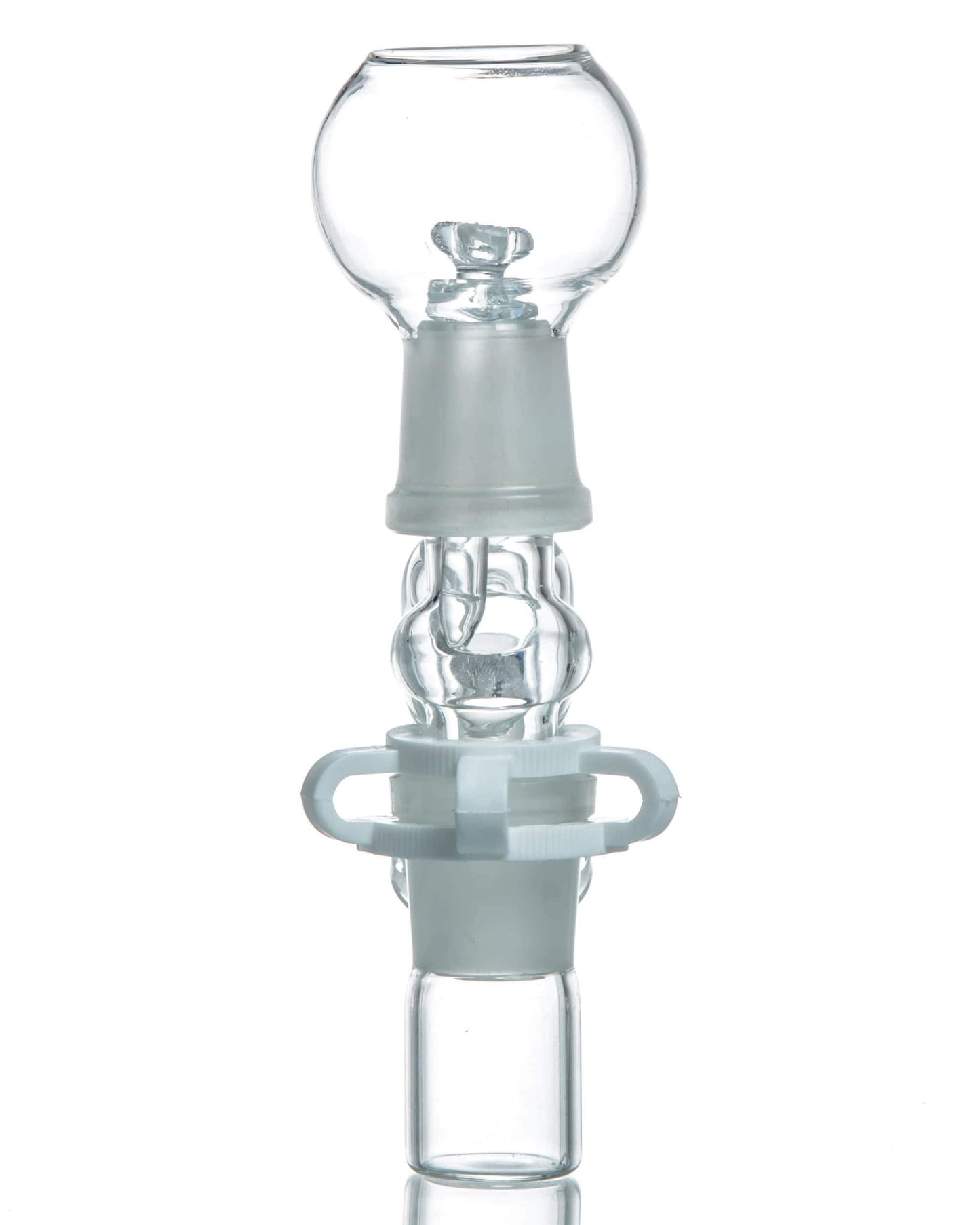 A close-up view of the Reclaim Catcher, showcasing the clear glass construction and simple cylindrical shape.