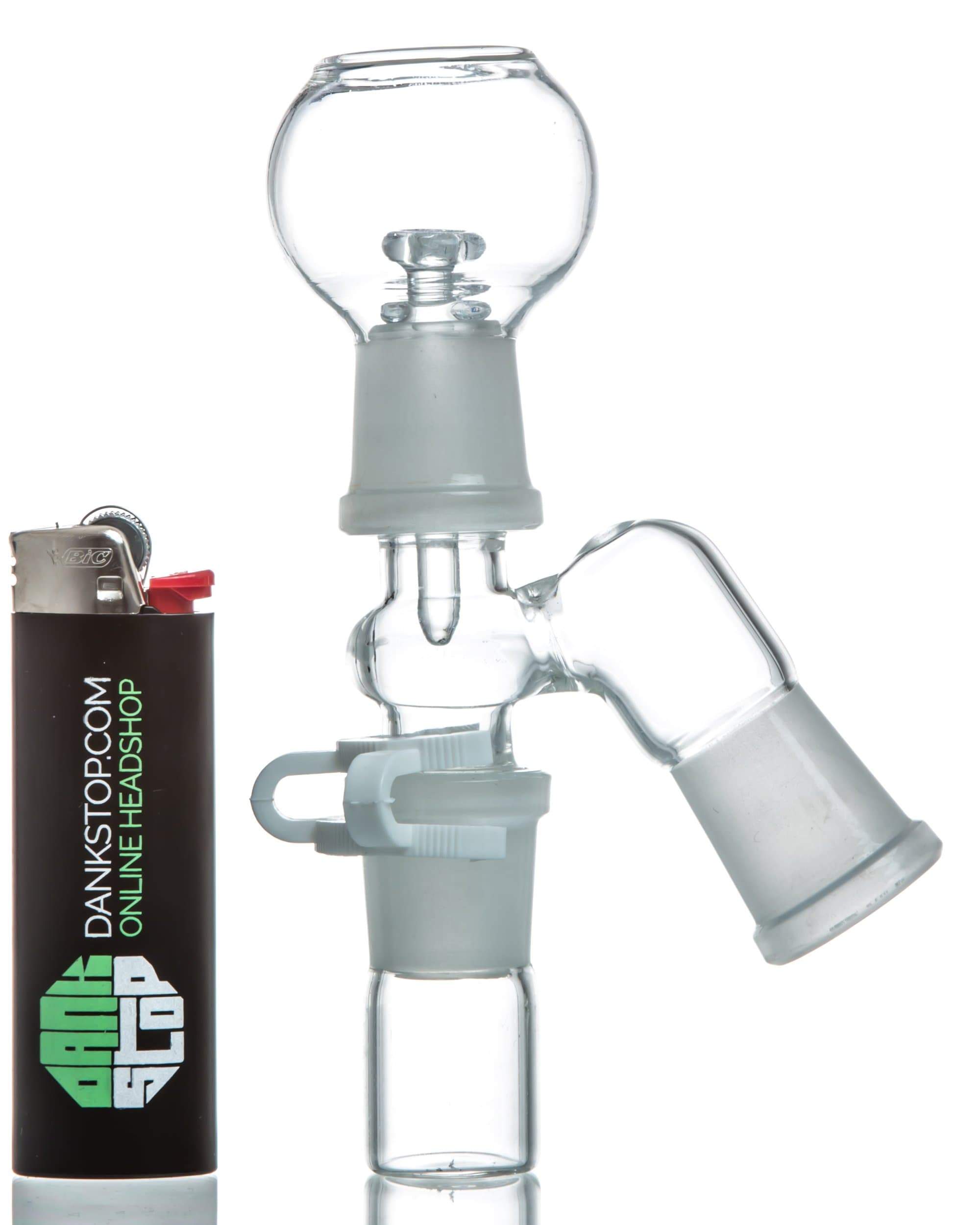 A close-up shot of the Reclaim Catcher, showcasing its clear glass construction and rounded shape against a white background.