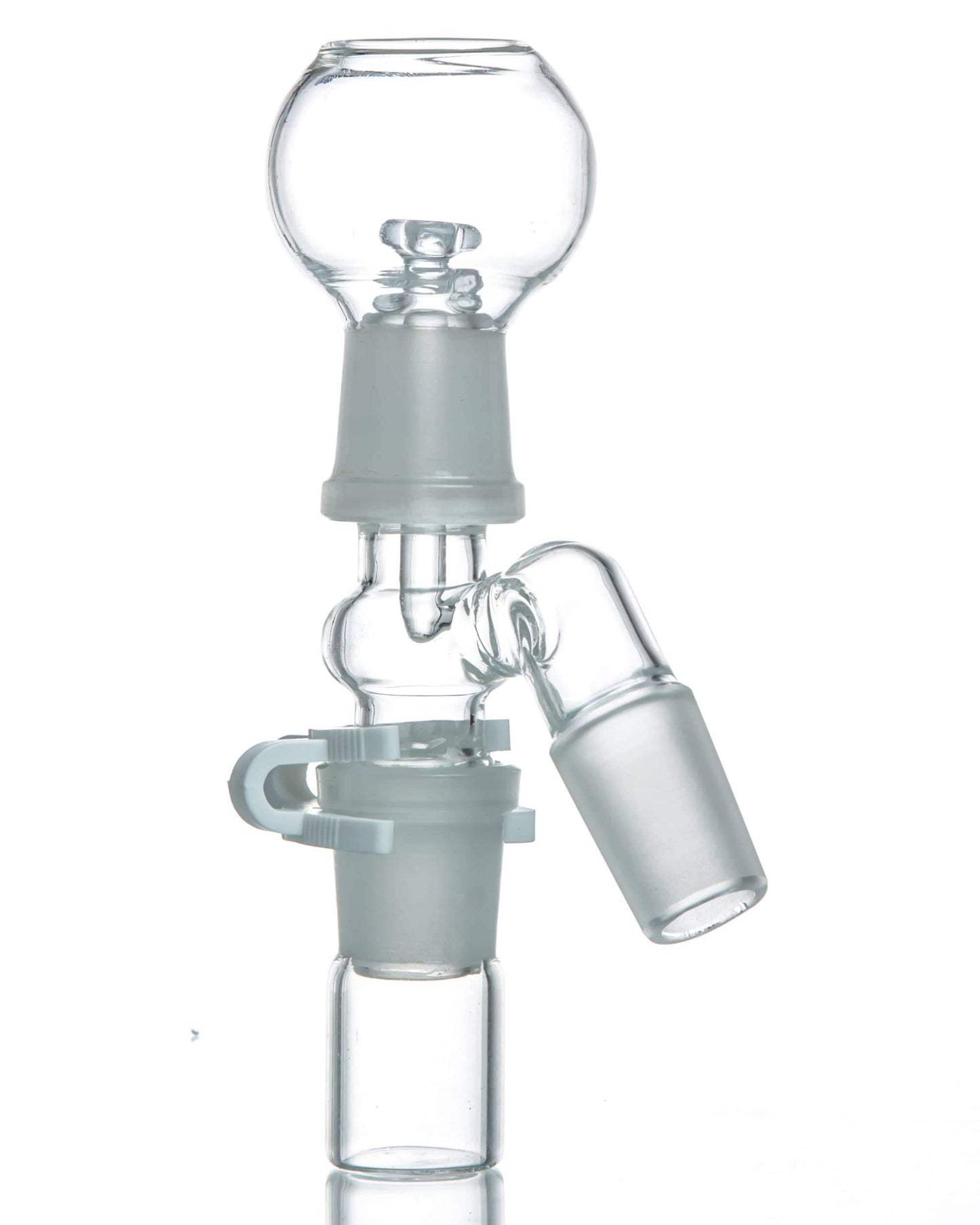 A close-up of the Reclaim Catcher, showing its clear glass construction and angled joint detail against a plain white background.