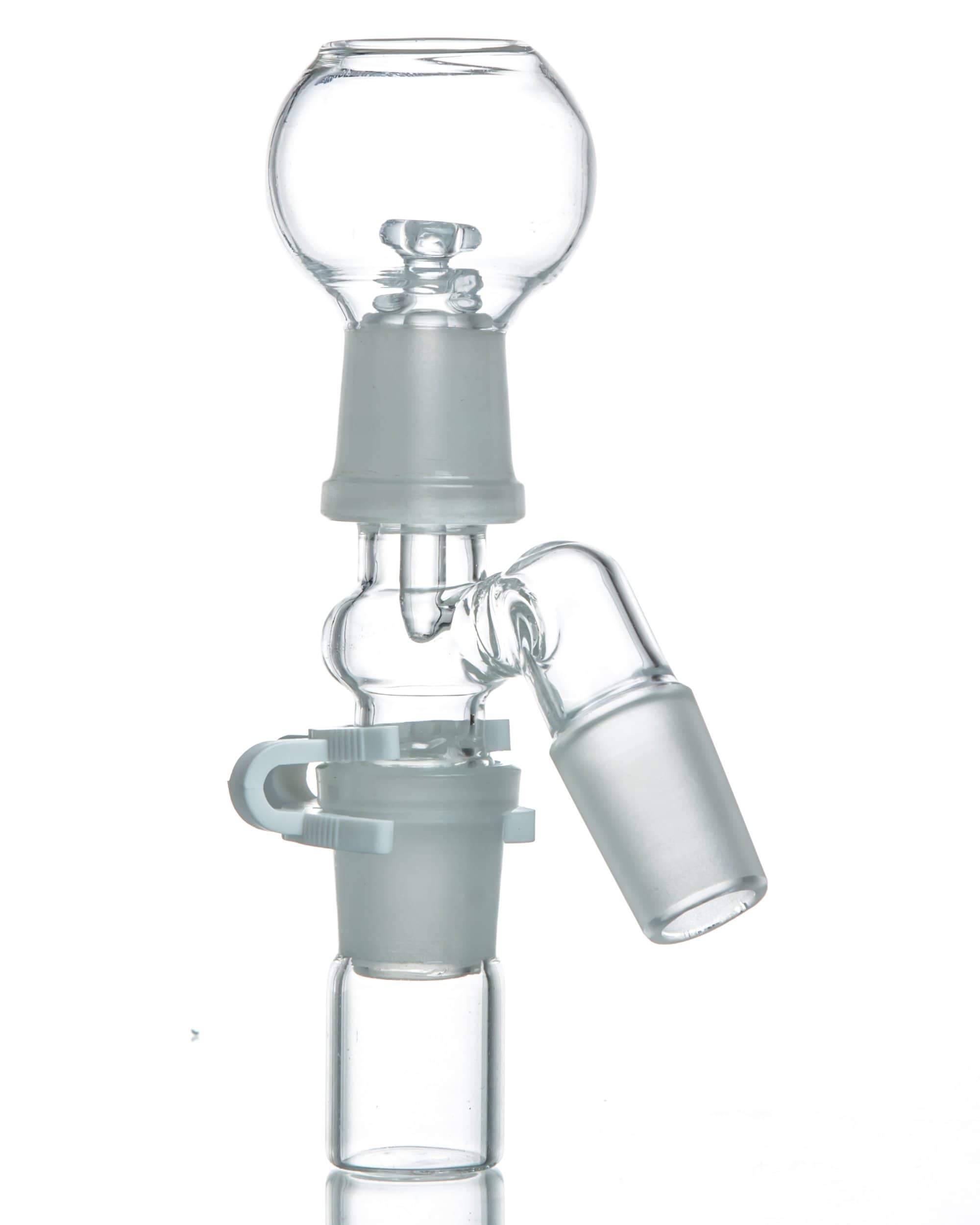 A close-up of the Reclaim Catcher, showing its clear glass construction and angled joint detail against a plain white background.