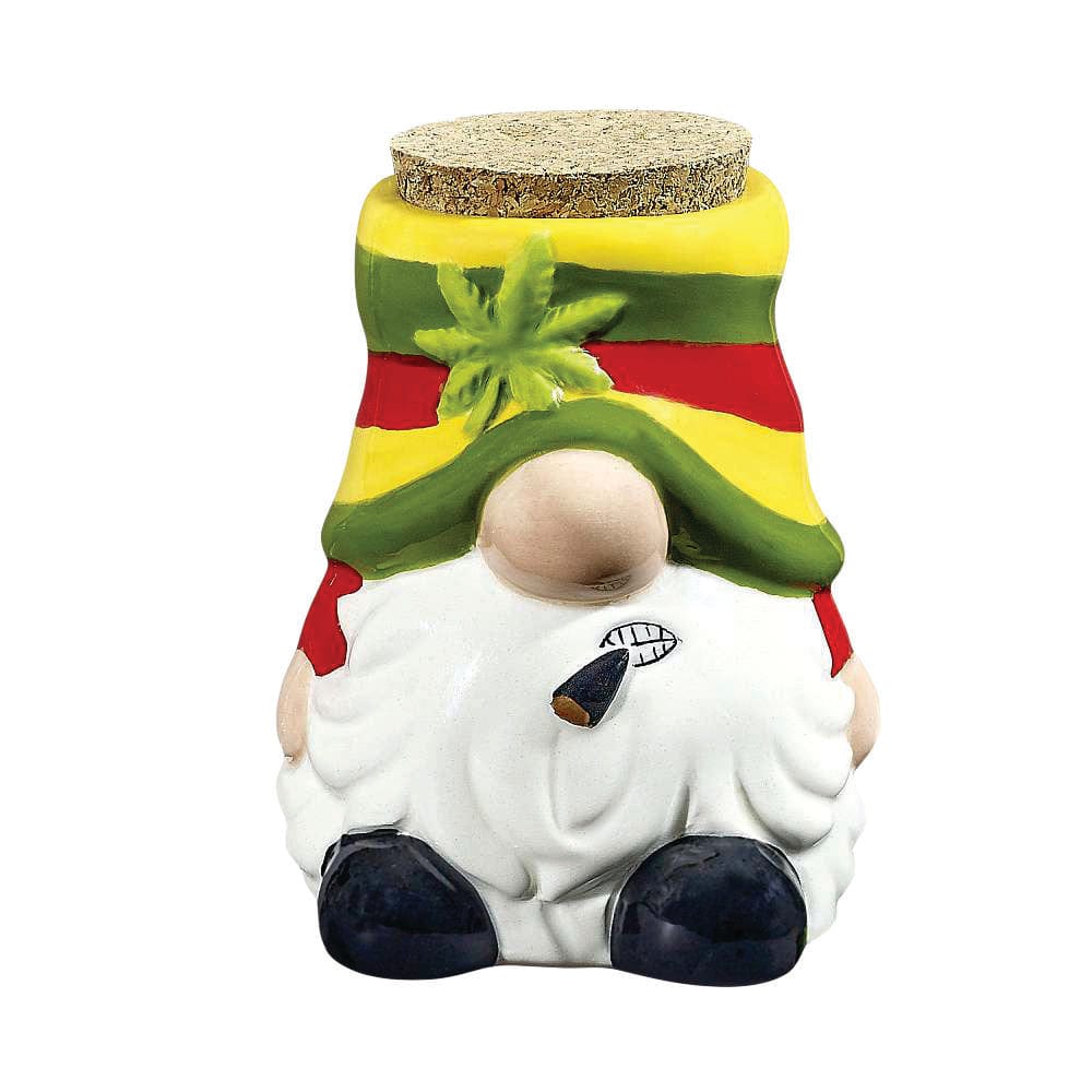 A three-quarter view of the Gnome Ceramic Stash Jar, designed as a colorful, whimsical gnome figure with a removable lid.