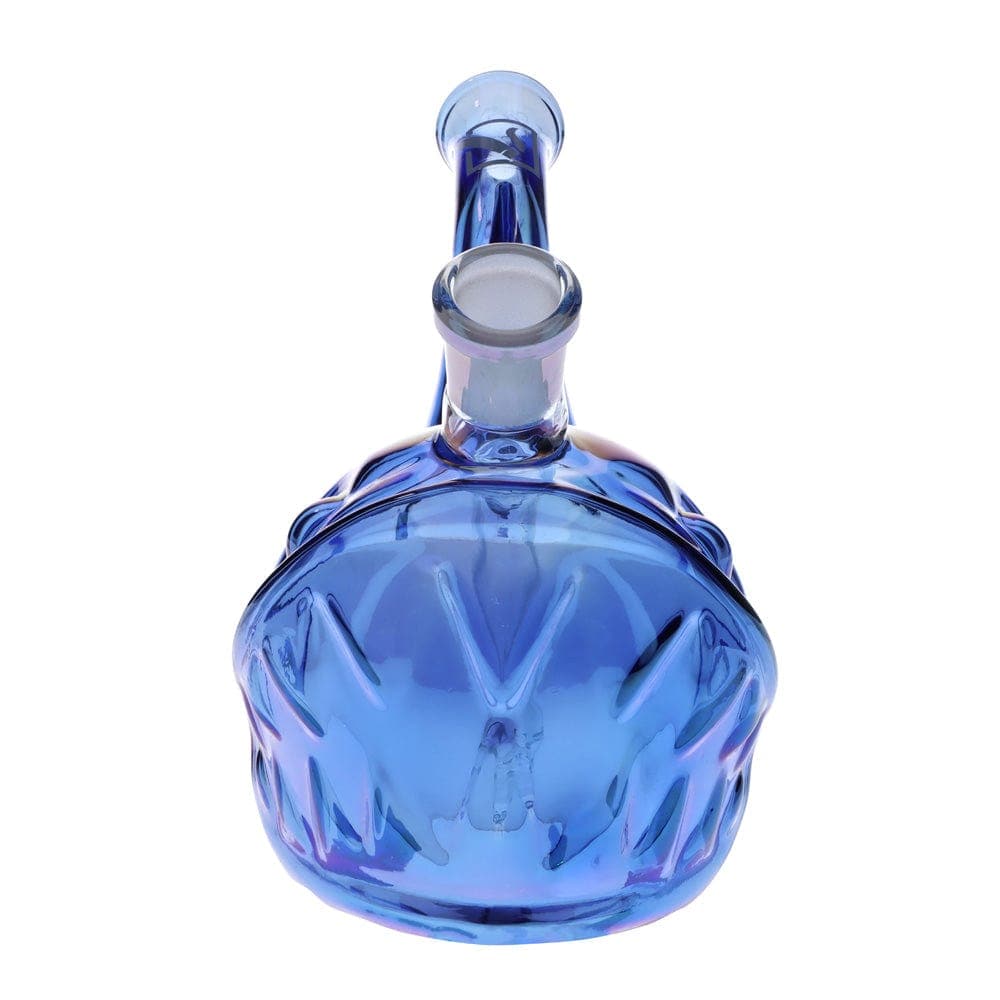 Front view of the "Angler Fish" Box, a blue glass piece with a unique, bulbous shape and smooth, rounded base.