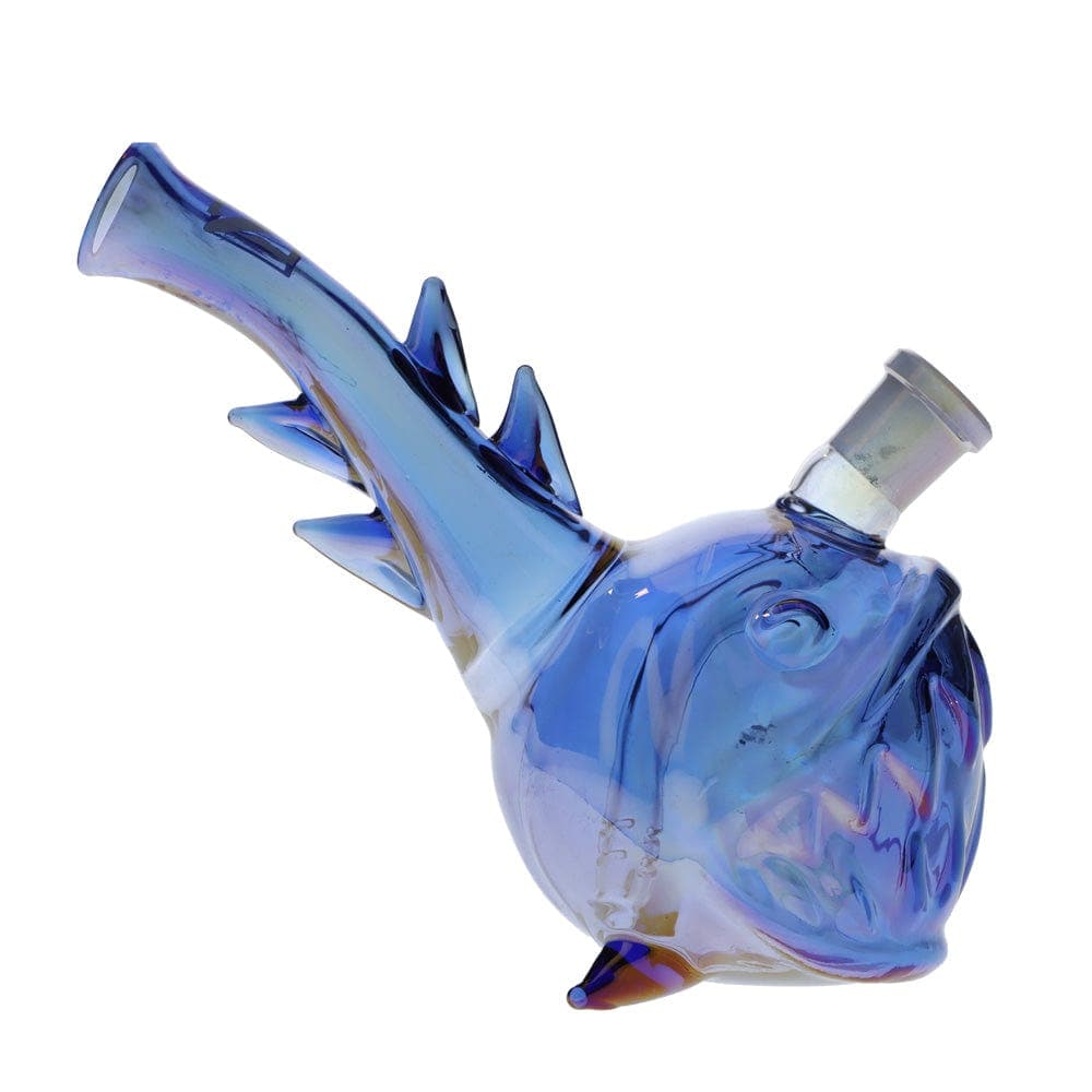 Front view of the “Angler Fish” Box, a blue glass piece with a uniquely curved neck resembling a fish.