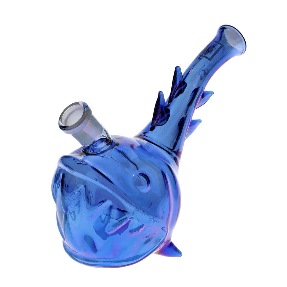 A three-quarter view of the “Angler Fish” Box, a blue glass piece with a uniquely shaped body resembling a fish.