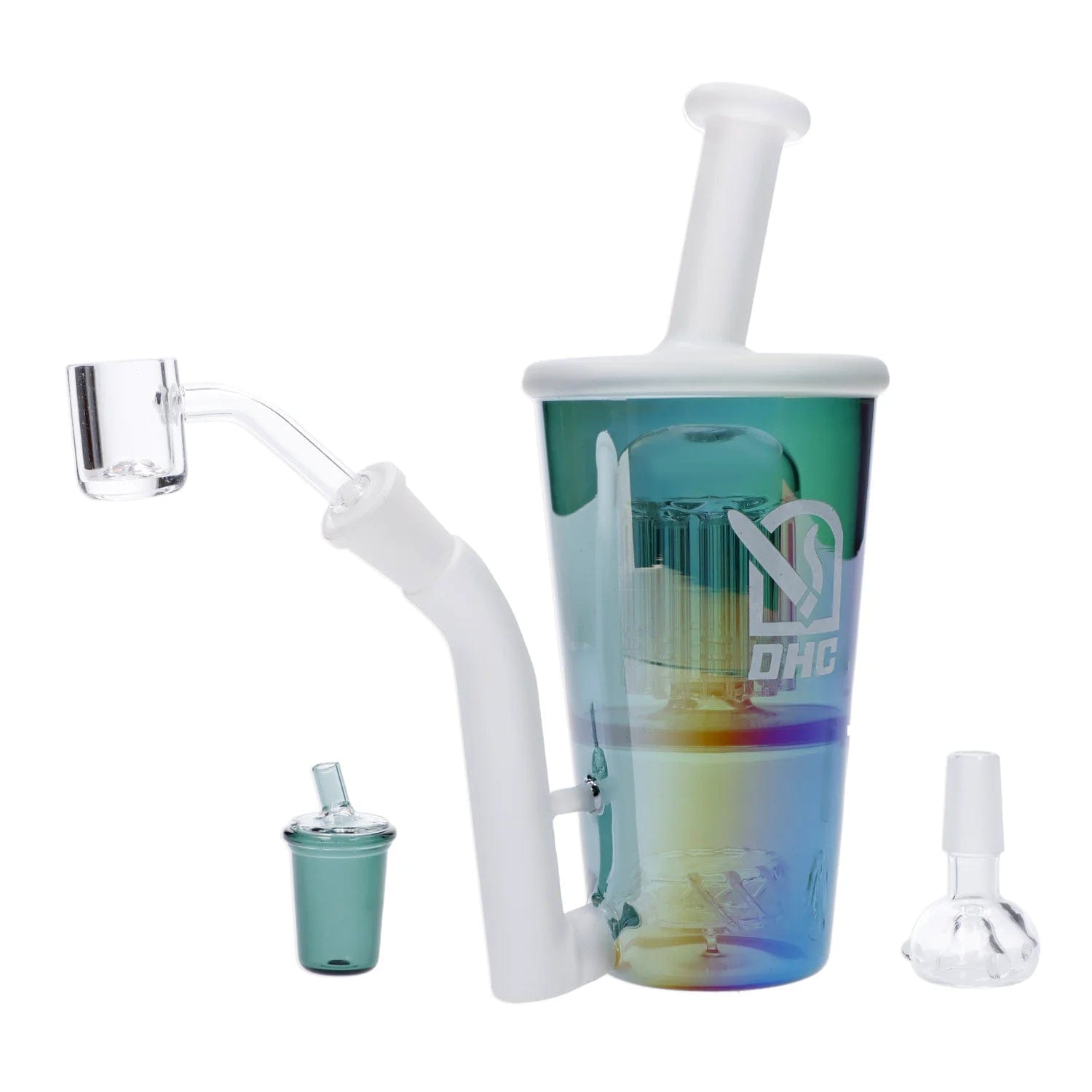 A side view of the “April 2024 Zaza Crash” Limited Edition Deluxe Box, showing the glass piece with a curved neck and colorful accents.