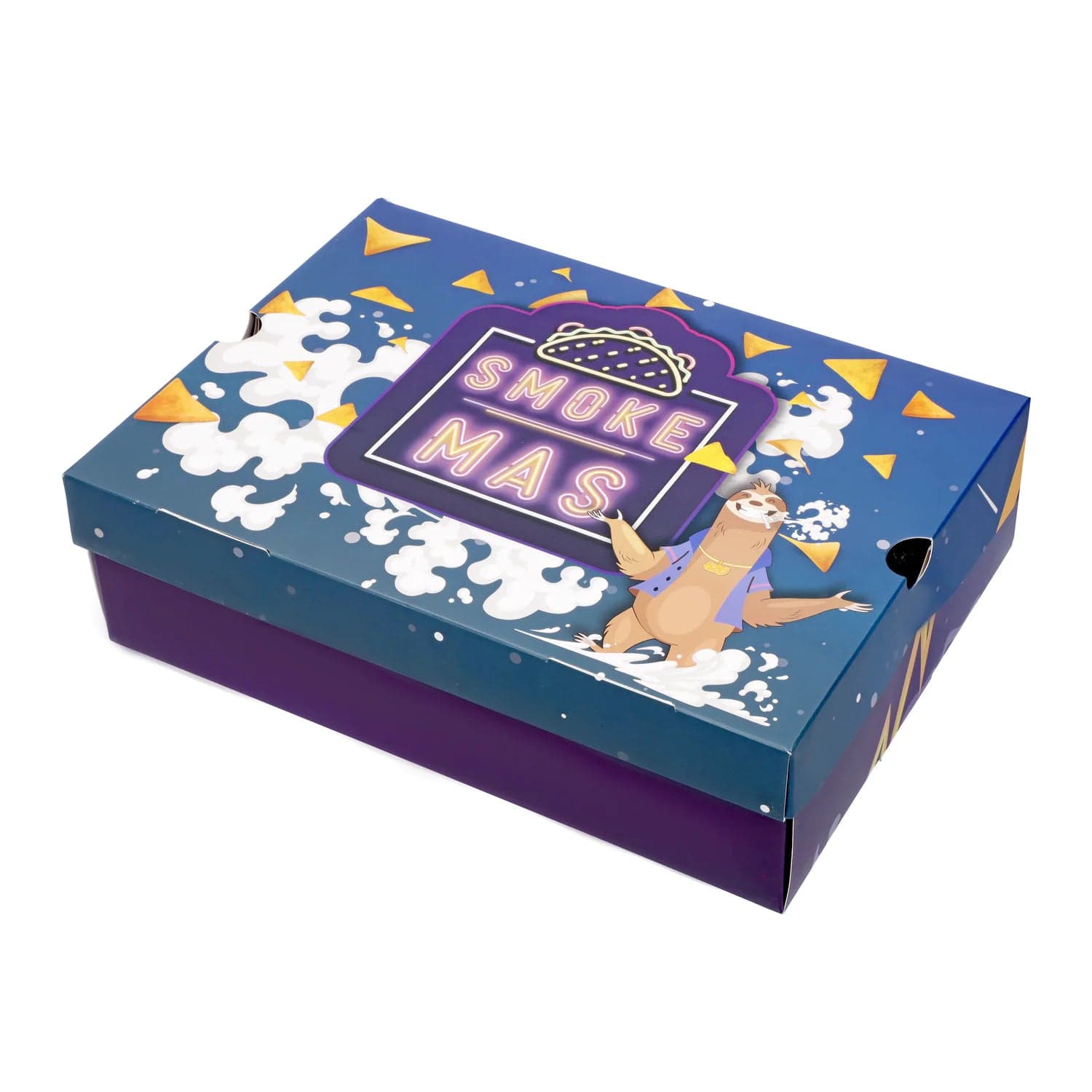 Front view of the limited edition “April 2024 Zaza Crash” Deluxe Box, showcasing a colorful geometric pattern on a closed cardboard container.