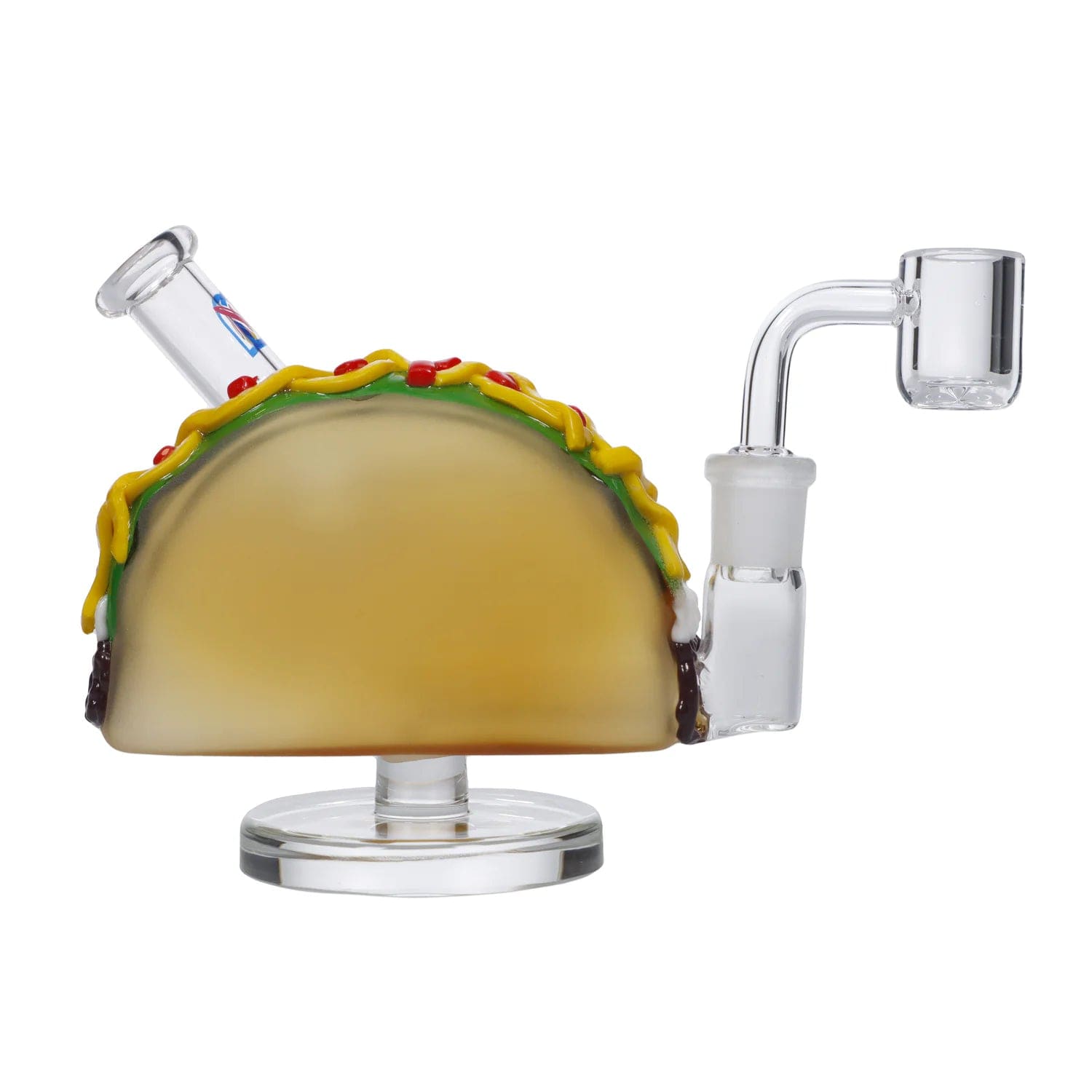 Front view of the “Combo #420” Smoking Box, a clear glass piece with a rounded base and an attached angled neck.