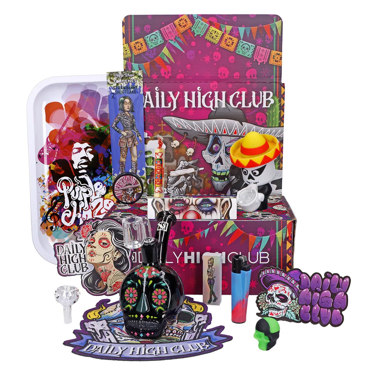 A vibrant, overhead view of the ""Dia de los Muertos"" Box, filled with colorful glass smoking pieces and accessories.