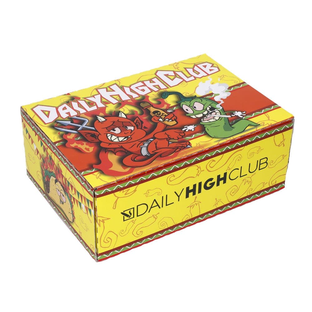 Front view of the “Hot Sauce” Smoking Box, a colorful carton depicting a menacing, red demon face with smoke plumes rising from its head.