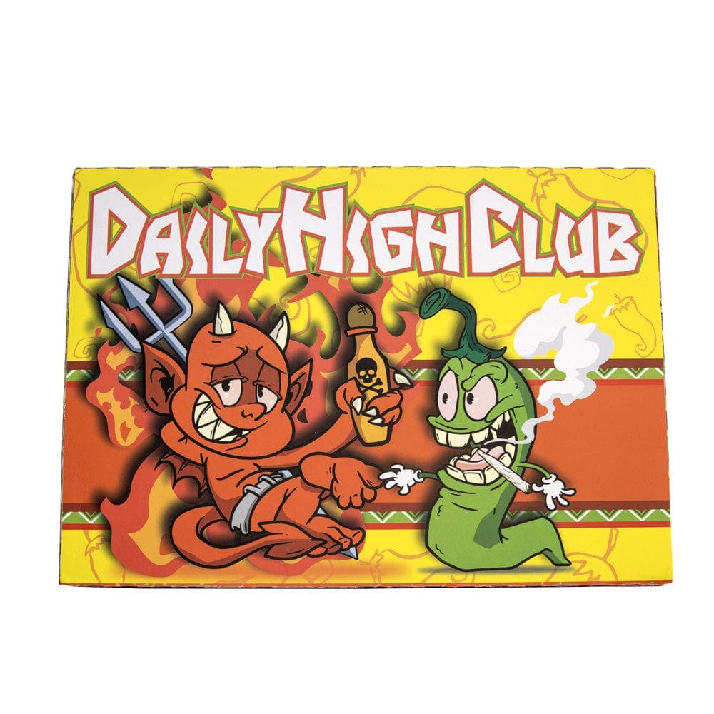 Front view of the ""Hot Sauce"" Smoking Box, depicting a cartoon devil character with a lit joint.