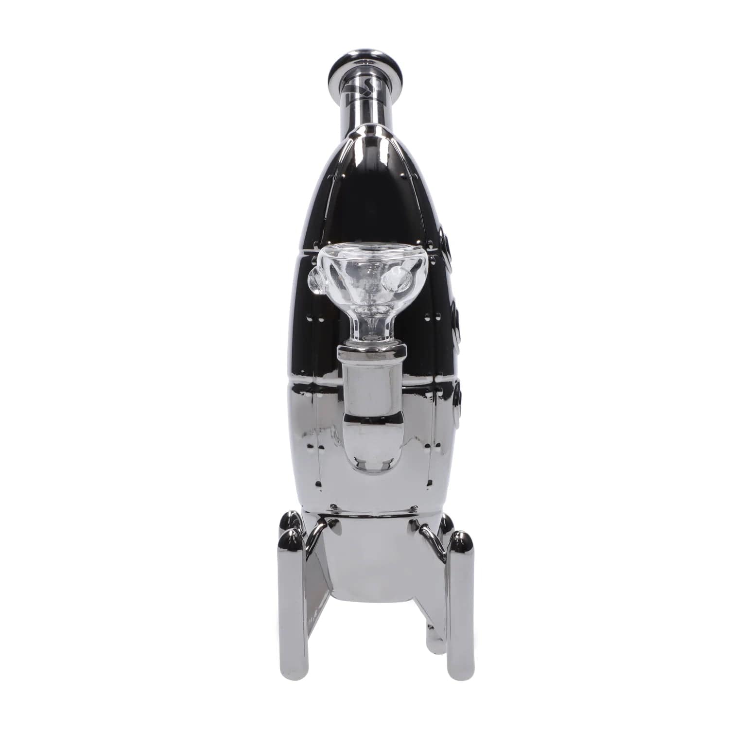 Front view of the “It Came From Mars” Smoking Box, a metallic, spaceship-shaped piece with a clear glass bowl.