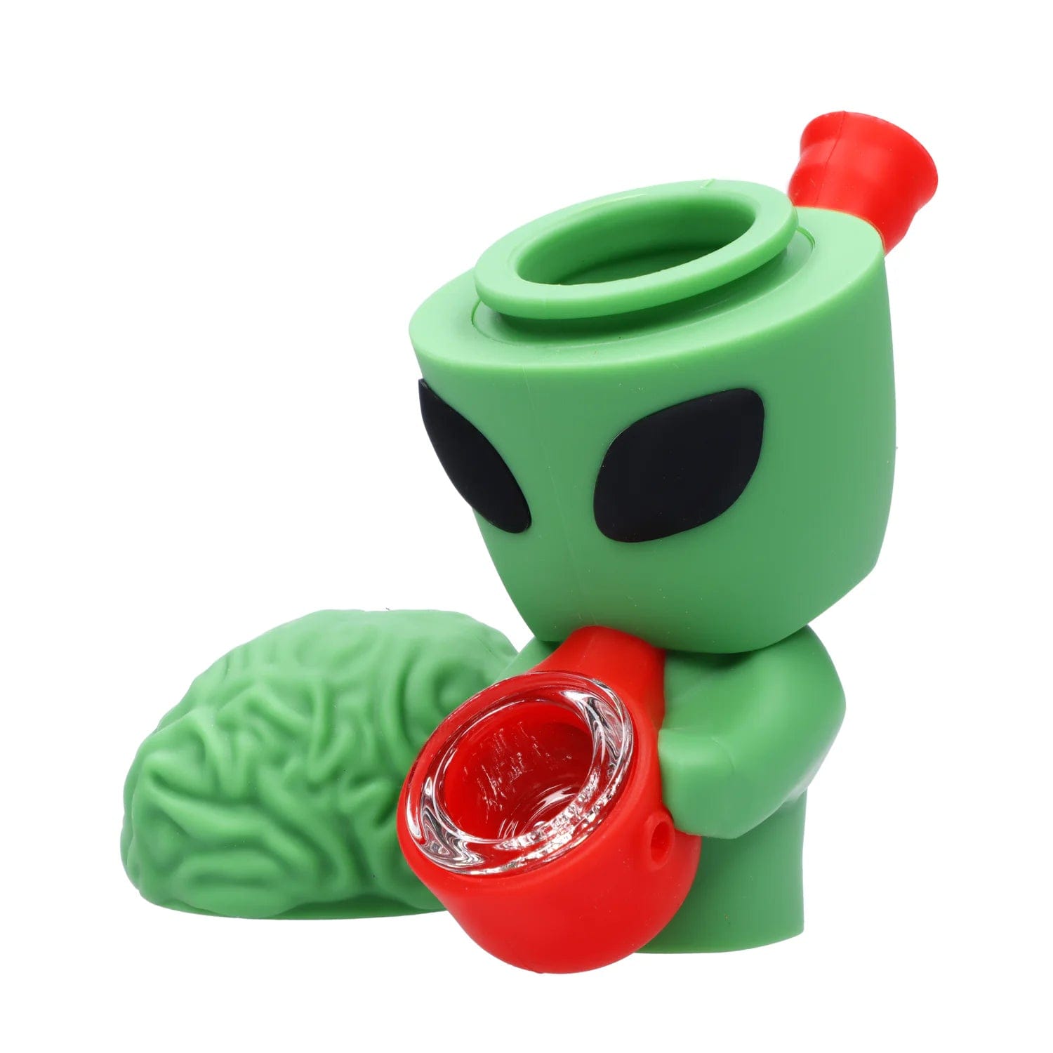 A front view of the “It Came From Mars” Smoking Box, depicting a green, alien-shaped container with a red detail on top.
