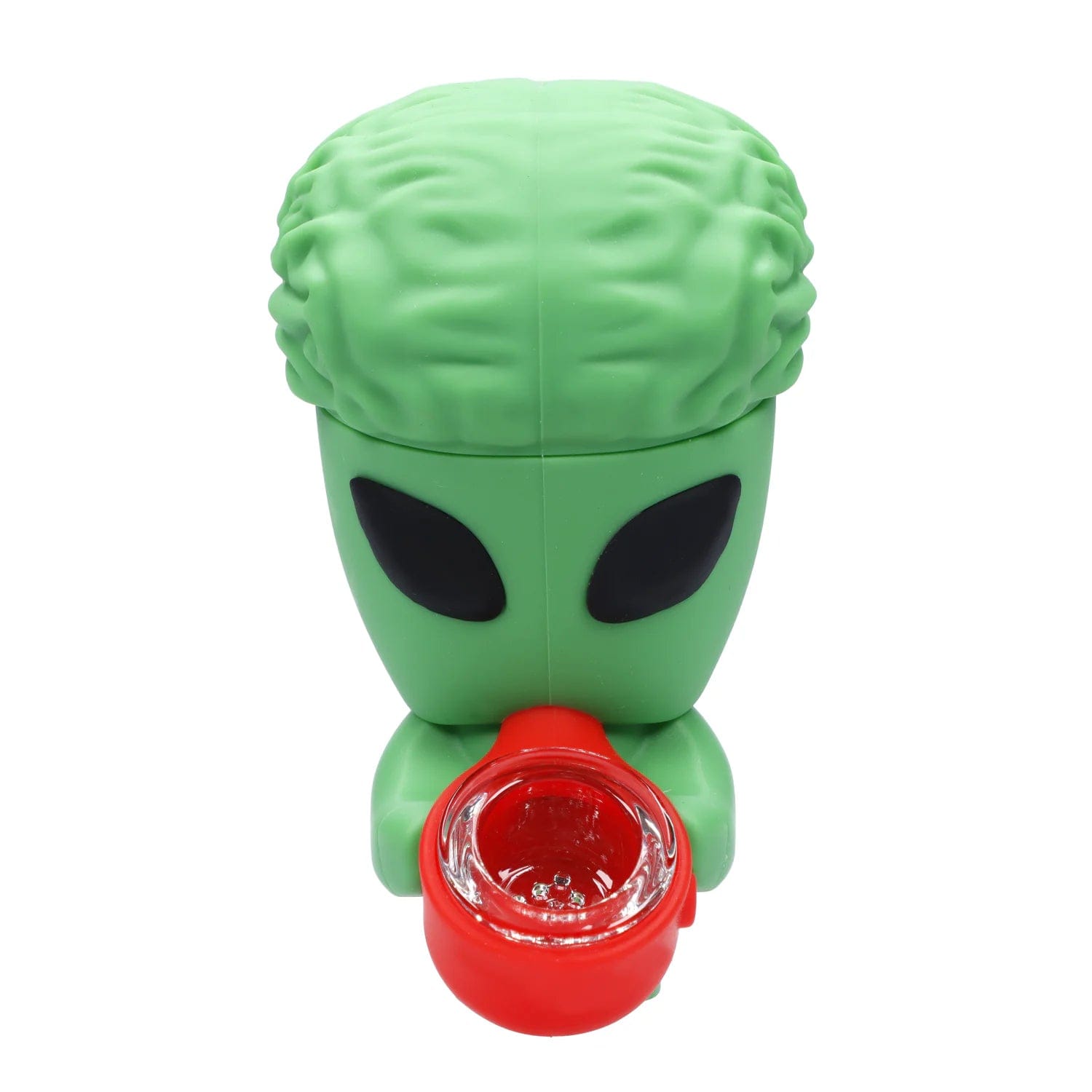 A front view of the “It Came From Mars” Smoking Box, designed with a green, alien-shaped body and a red mouthpiece.