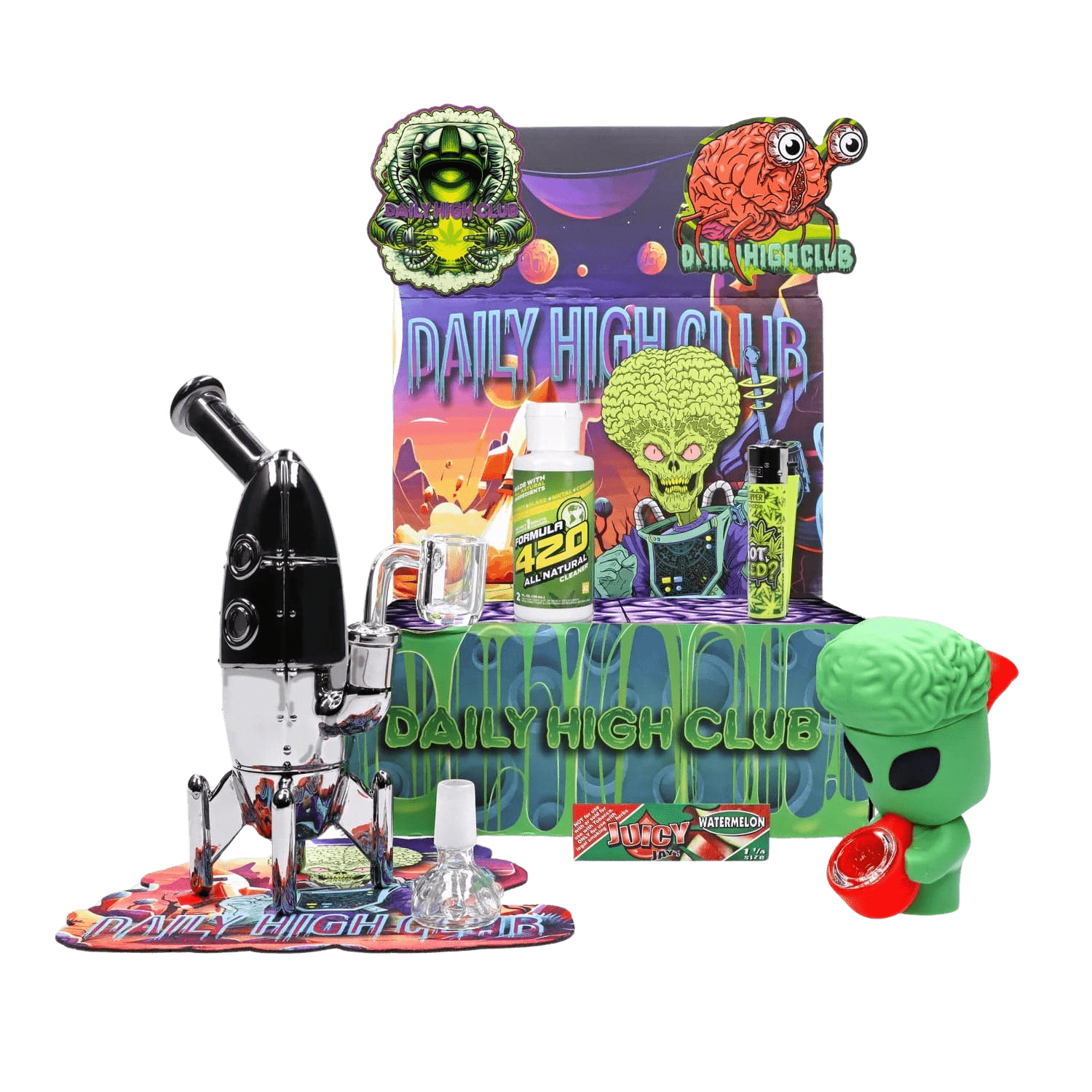 A slightly angled view of the “It Came From Mars” Smoking Box with a green alien head design on a patterned black background.