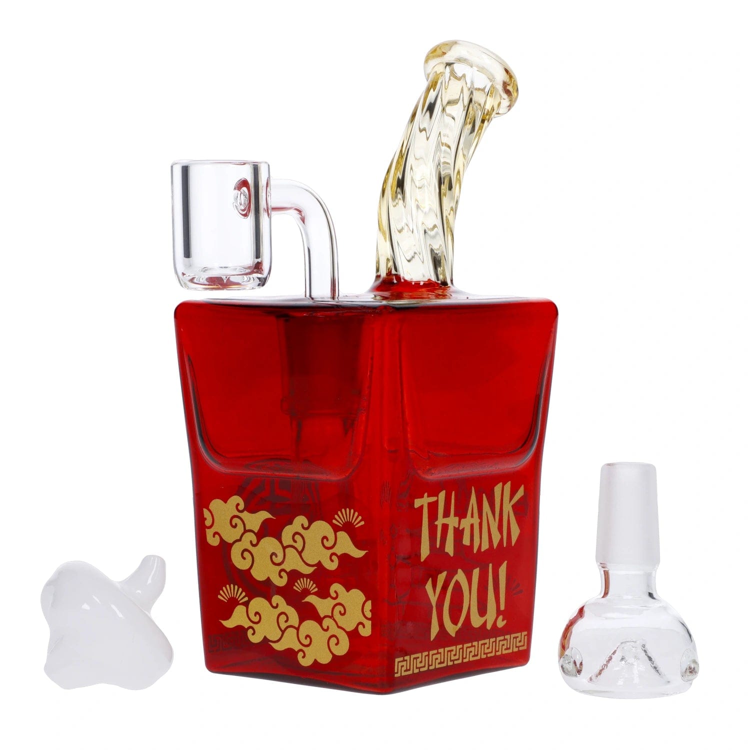 A front view of the “Takeout Toke” Smoking Box, resembling a takeout container with a clear glass smoking chamber.