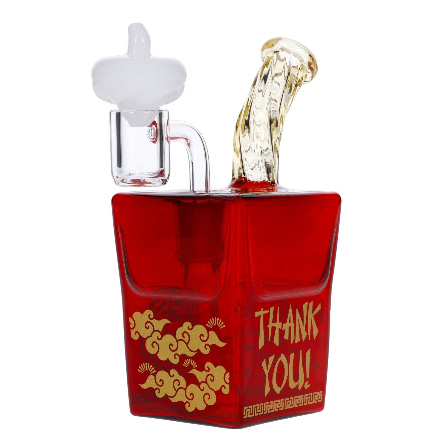 Front view of the “Takeout Toke” Smoking Box, resembling a takeout container with a clear glass base and red detailing.