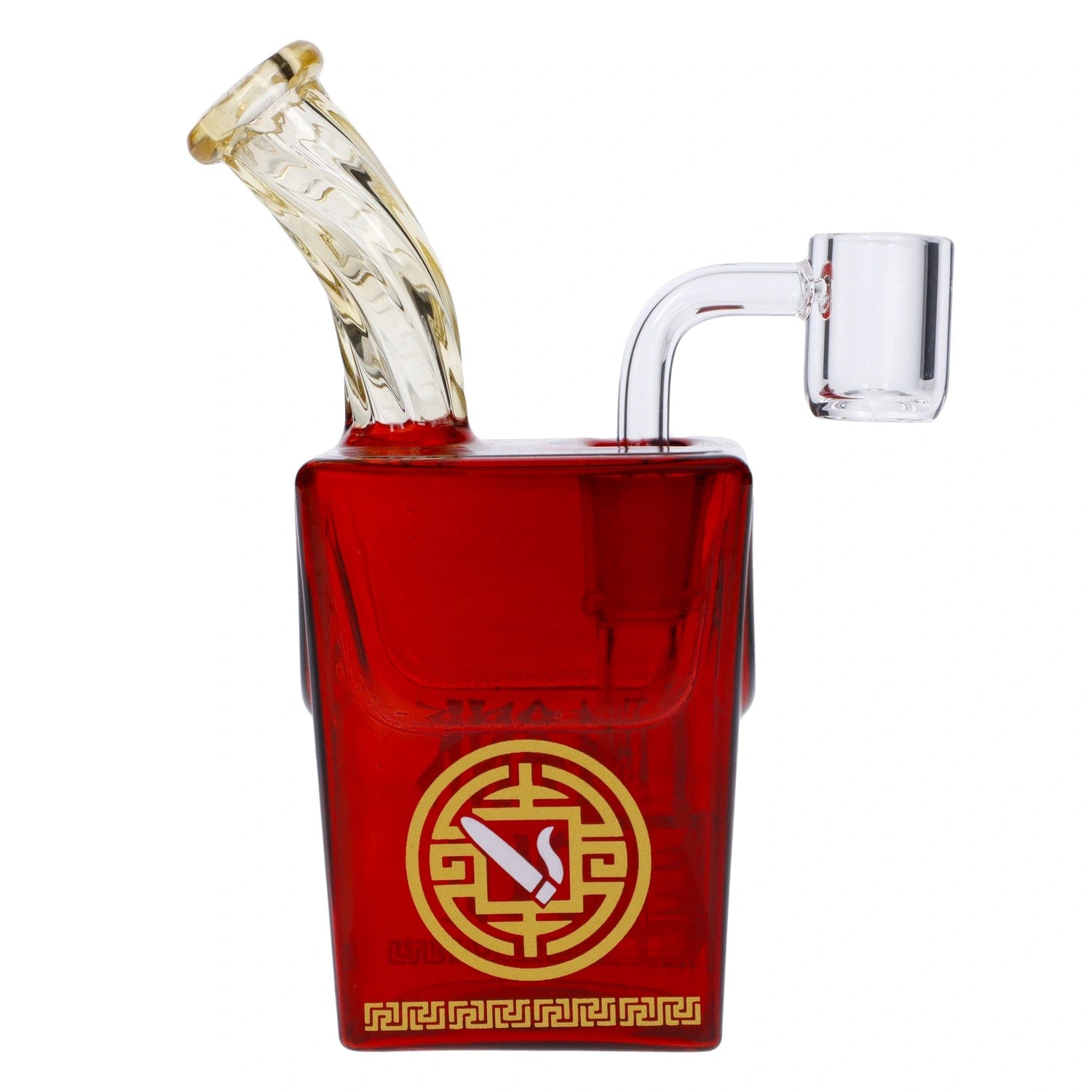 A front view of the “Takeout Toke” Smoking Box, resembling a takeout container in red glass with a curved smoke pathway.