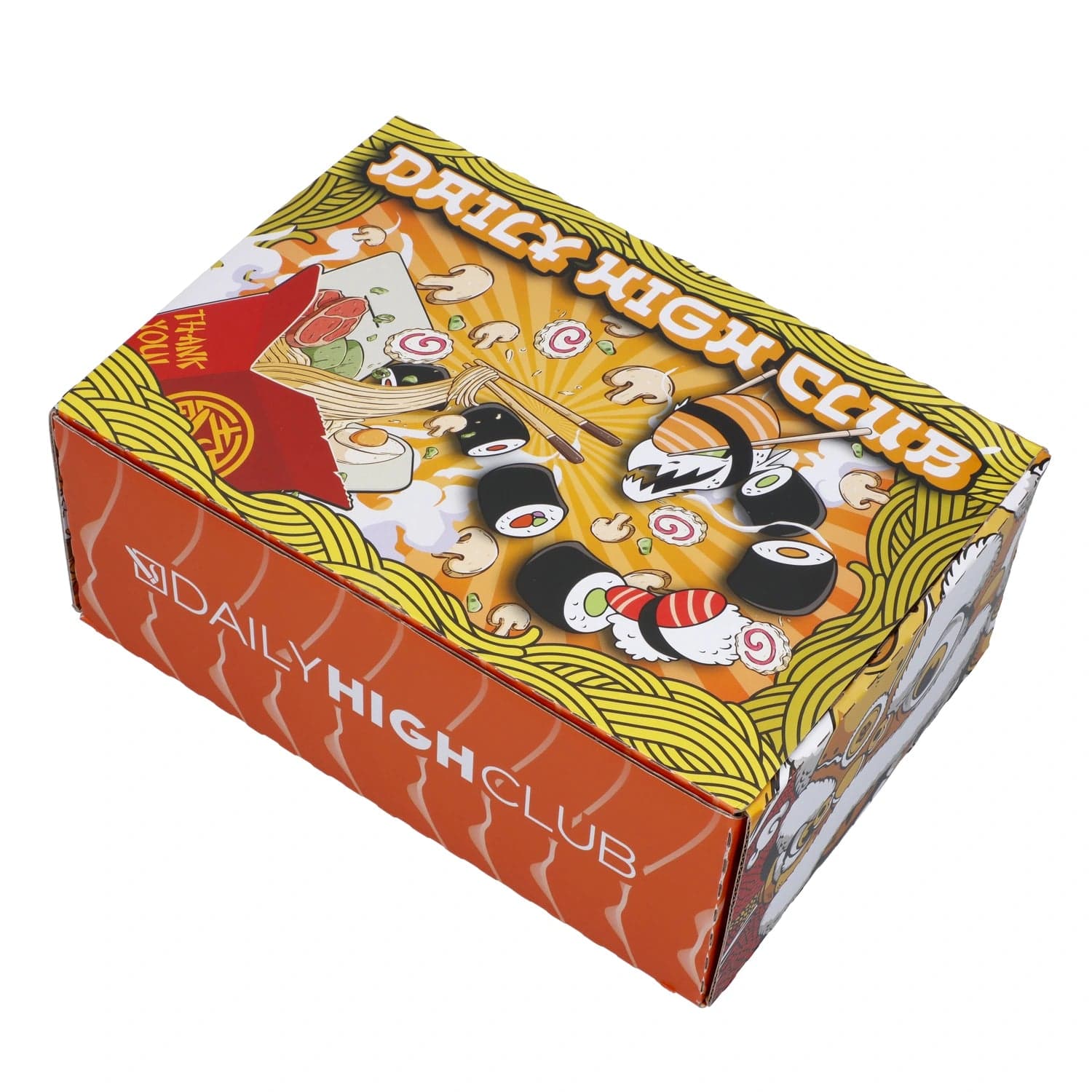 Front view of the “Takeout Toke” Smoking Box, designed like a takeout container with colorful Japanese-inspired graphics.