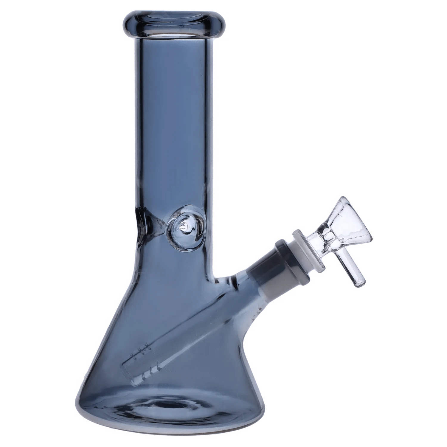 Diagonal close-up of the DHC Electroplated Beaker Bong - 8 in., showing its smoky glass beaker base, straight neck, and angled removable bowl.