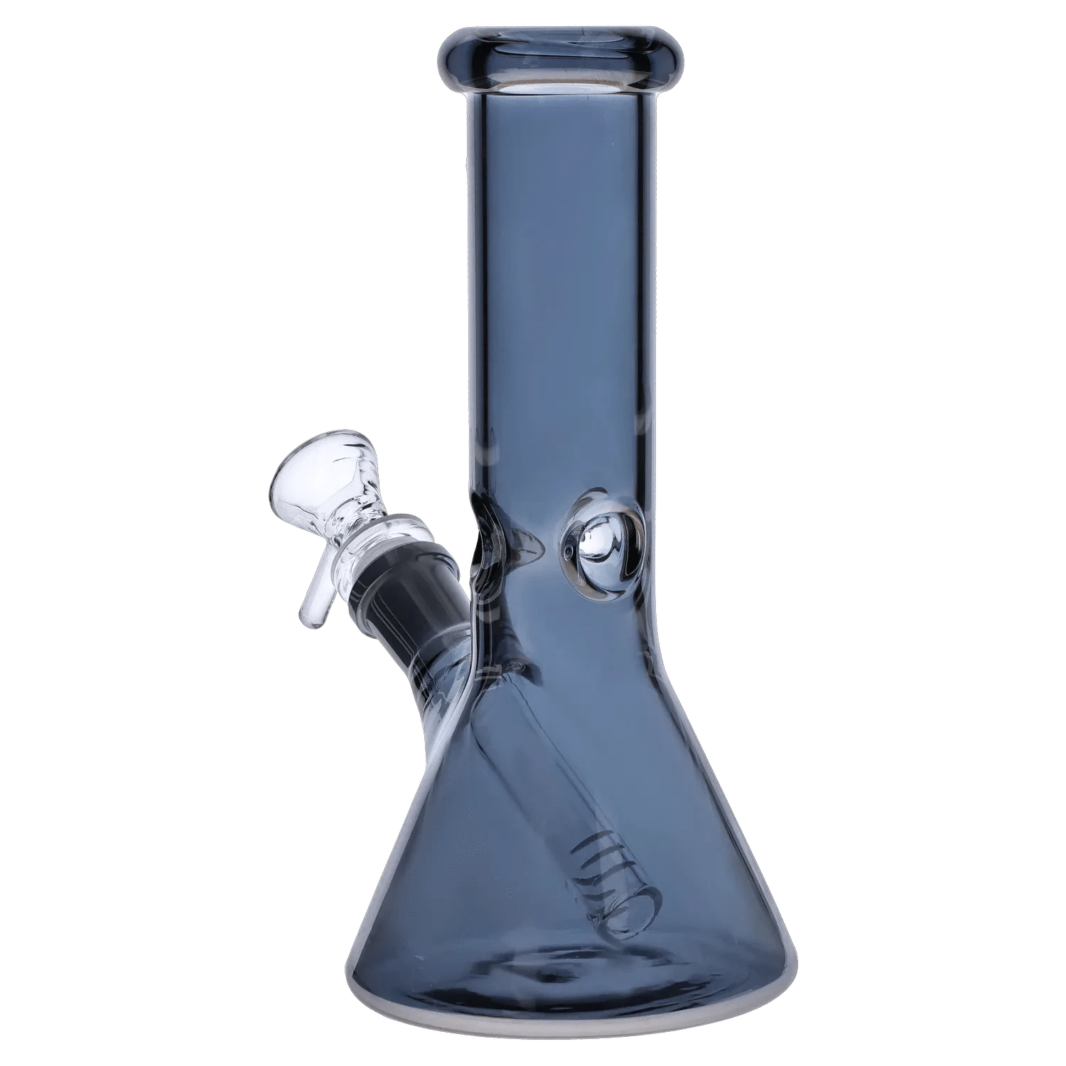 Angled close-up of the DHC Electroplated Beaker Bong - 8 in. showing its blue-tinted glass beaker base and straight neck with attached downstem.