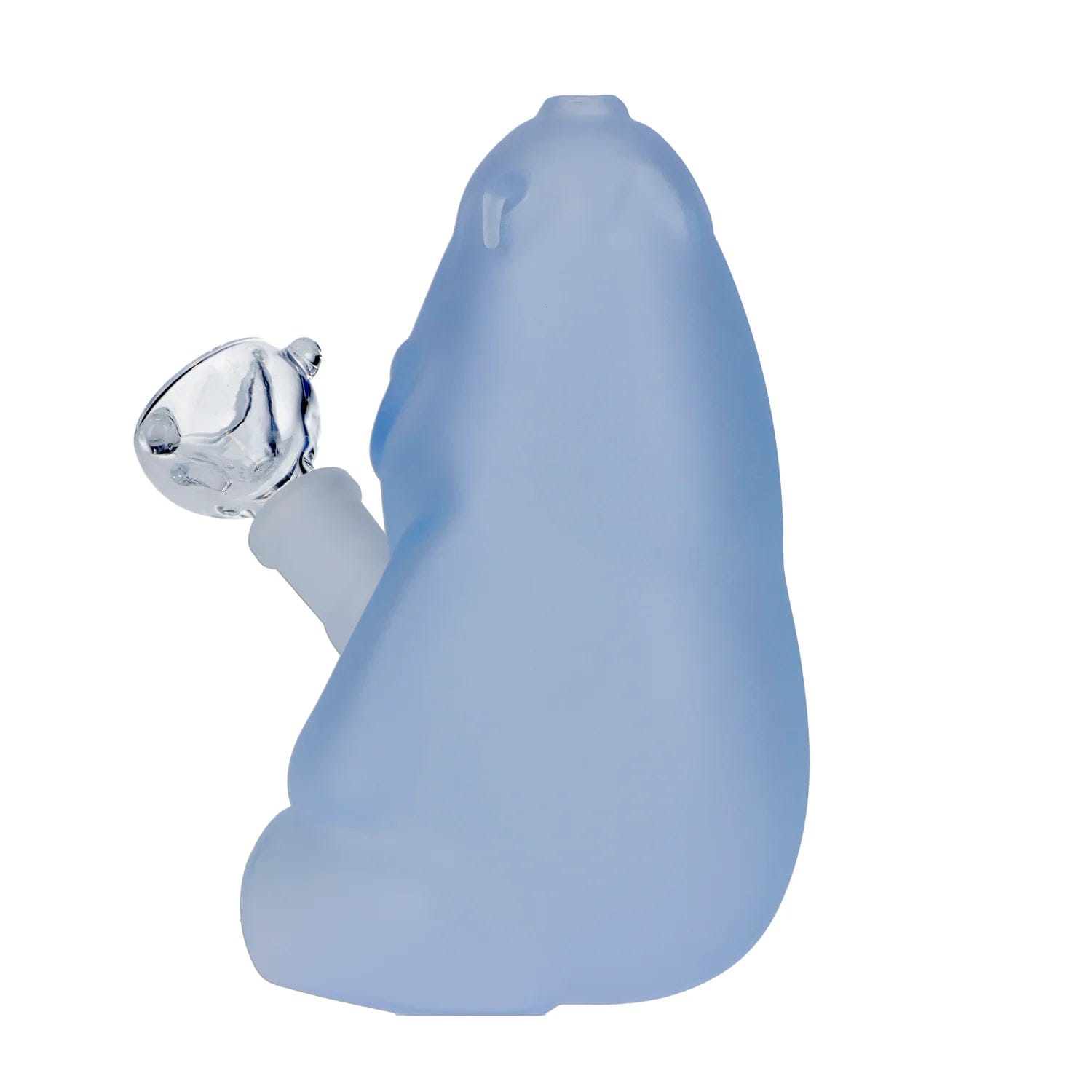 A studio shot of the “Winter Stonerland” Smoking Box, a light blue, rounded ceramic piece against a white background.