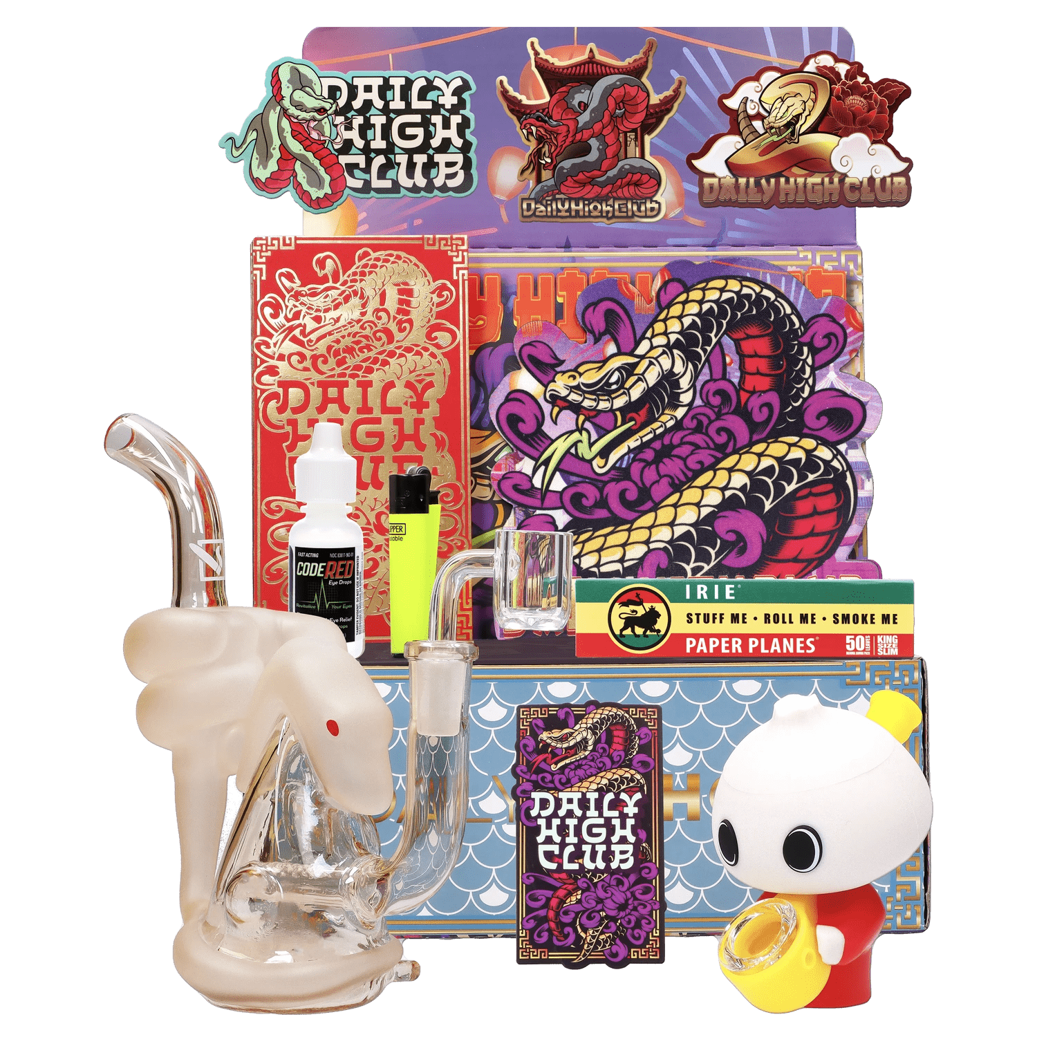 Front view of the “Year of the Snake” Smoking Box with vibrant red and gold detailing, featuring a display of smoking accessories.