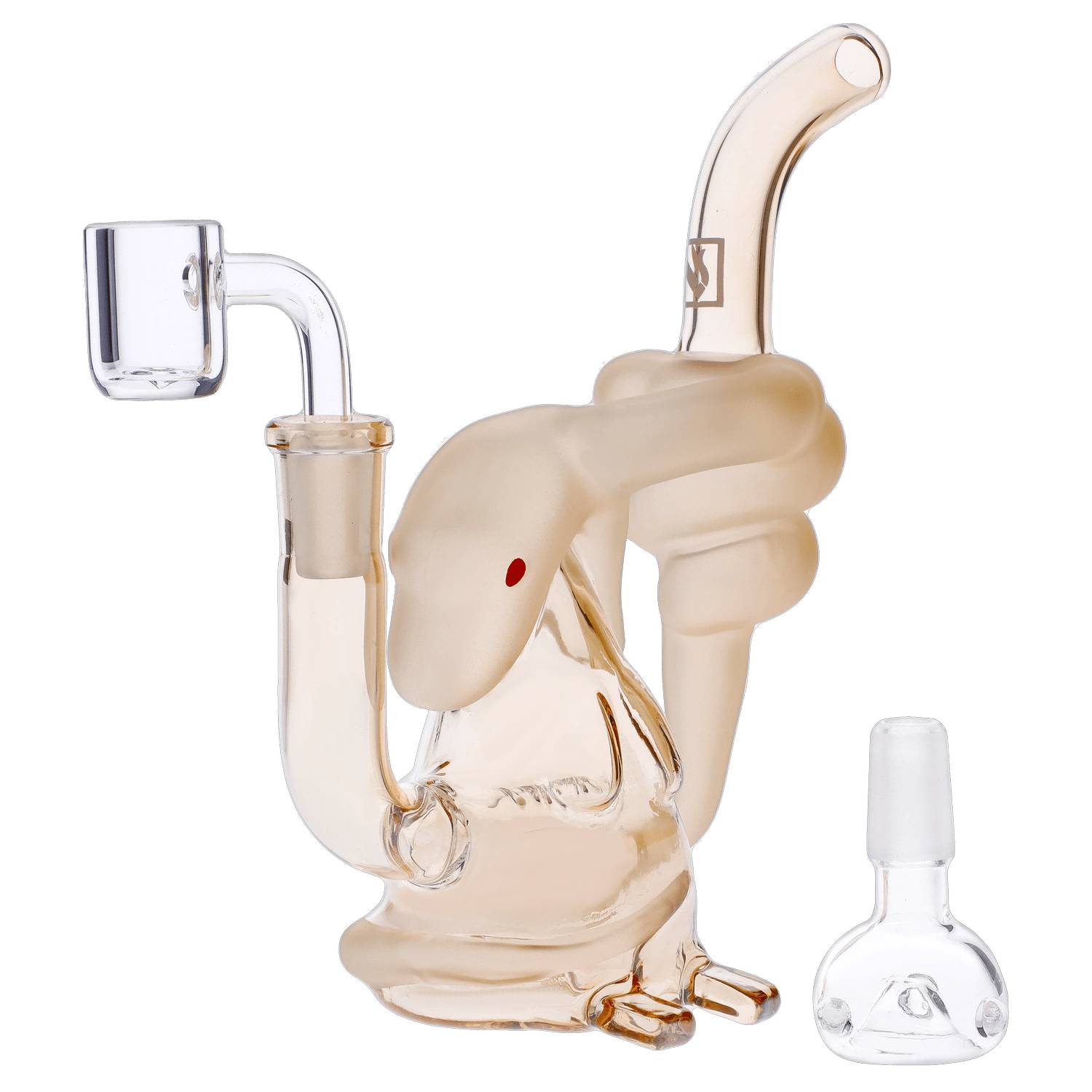 A studio shot displays the "Year of the Snake" Smoking Box, a glass piece with a rounded base and a curved neck.