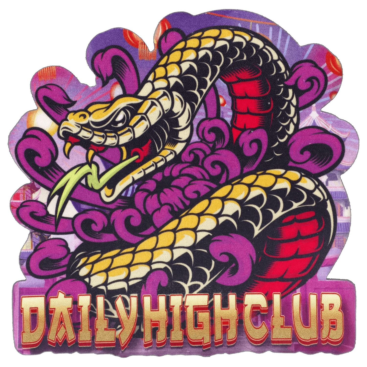A detailed close-up of the “Year of the Snake” Smoking Box, featuring a coiled, colorful serpent design on a dark backdrop.